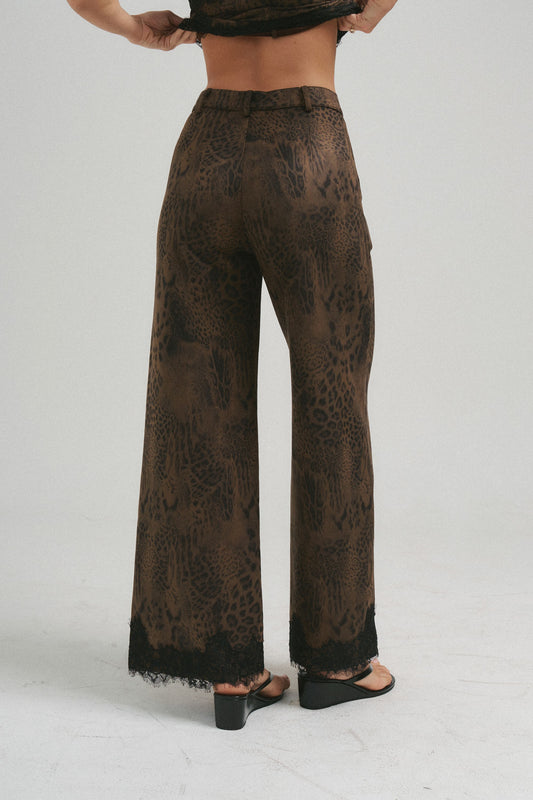 Leopard Suede Pants with lace trim
