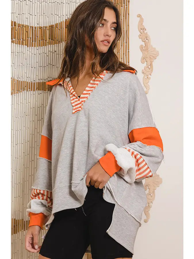 Orange Color Block V Neck Pullover