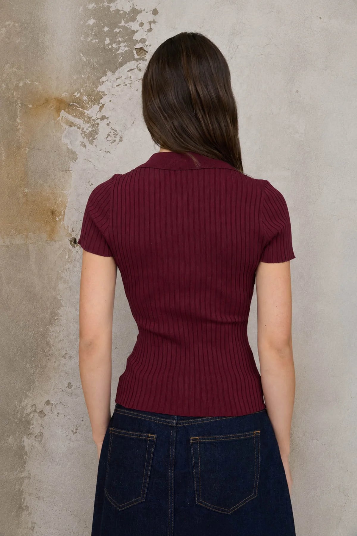 Collared Short Sleeve Ribbed Sweater Knit Top