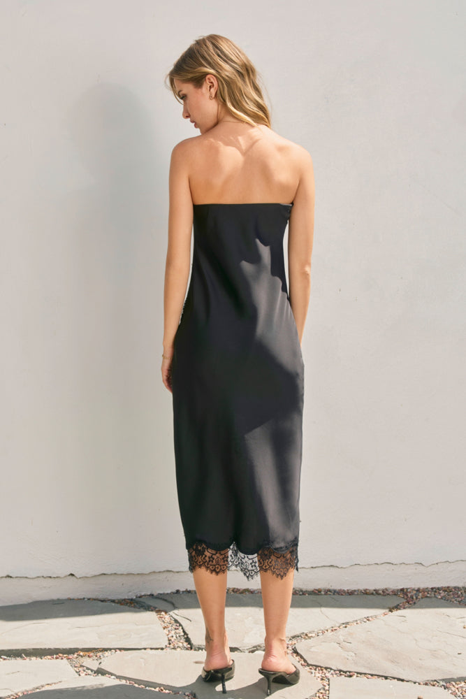 Satin Strapless Lace Hem Midi Dress