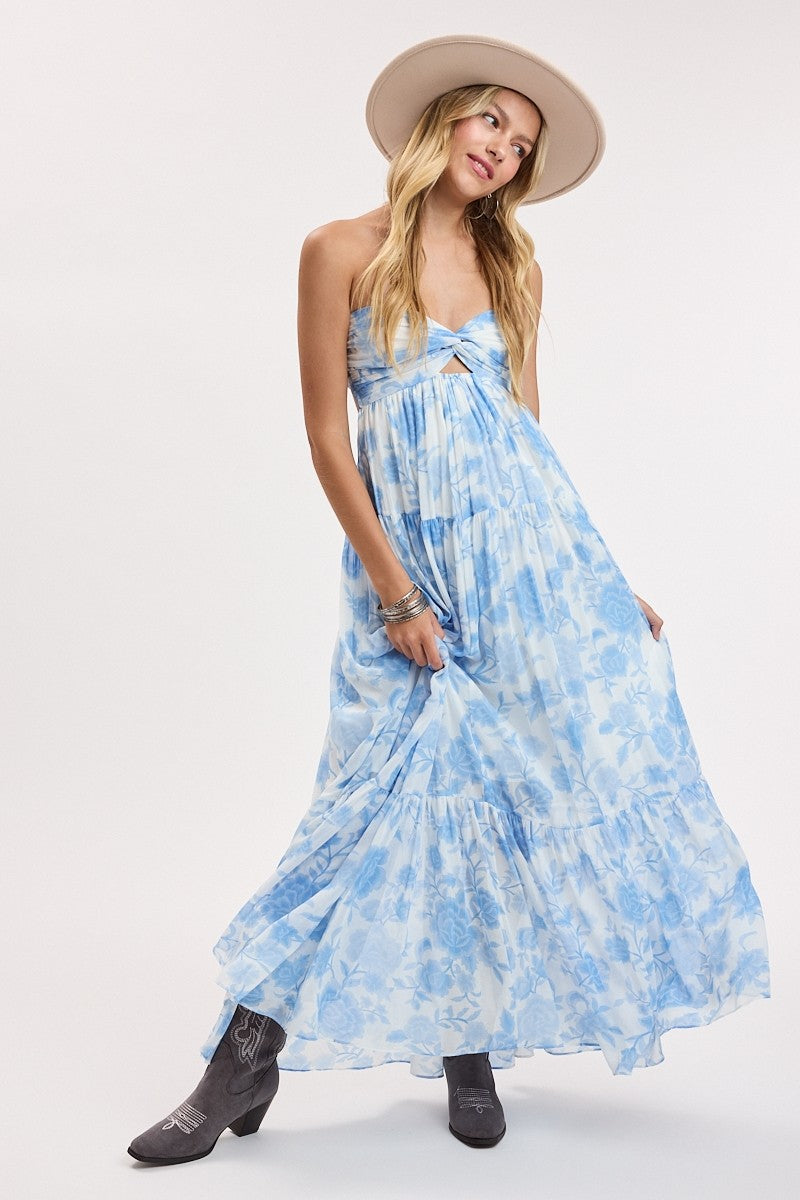 Blue floral twisted maxi dress