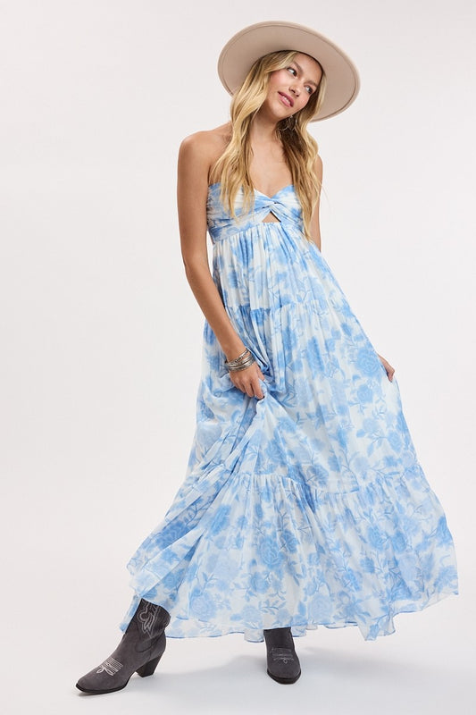 Blue floral twisted maxi dress