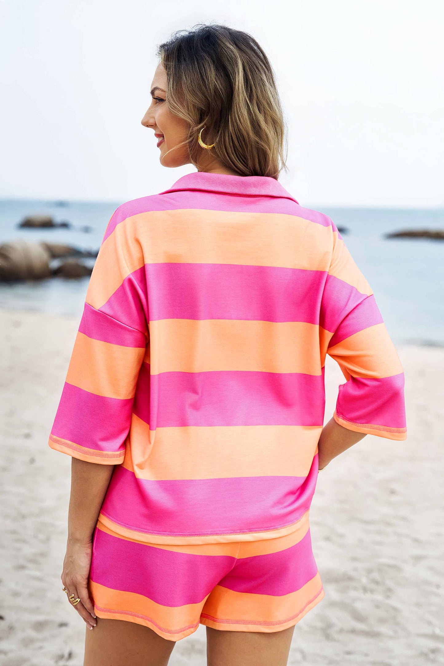 Striped Half Zip Oversize Tee Shorts Set