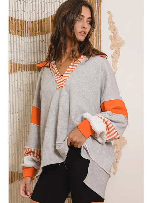 Orange Color Block V Neck Pullover