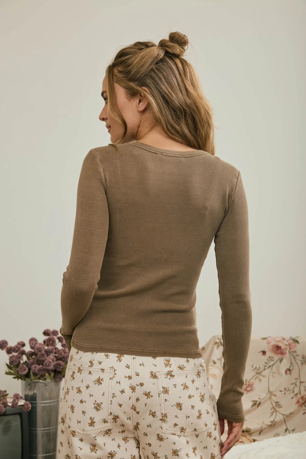 Ribbed button front knit top