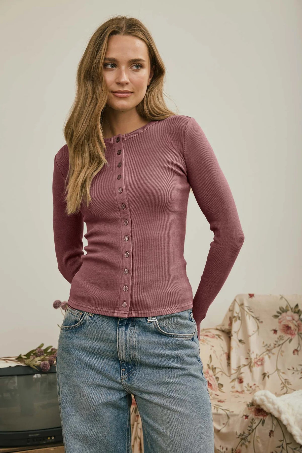 Ribbed button front knit top