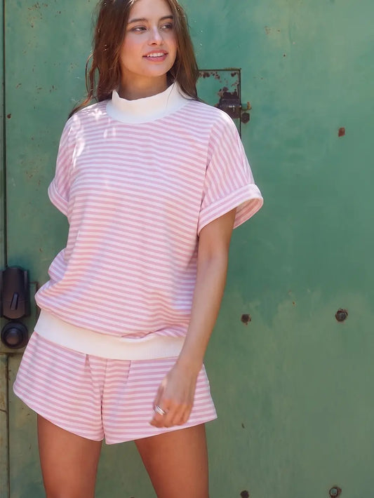 Mock Neck Pink Striped Pullover Top