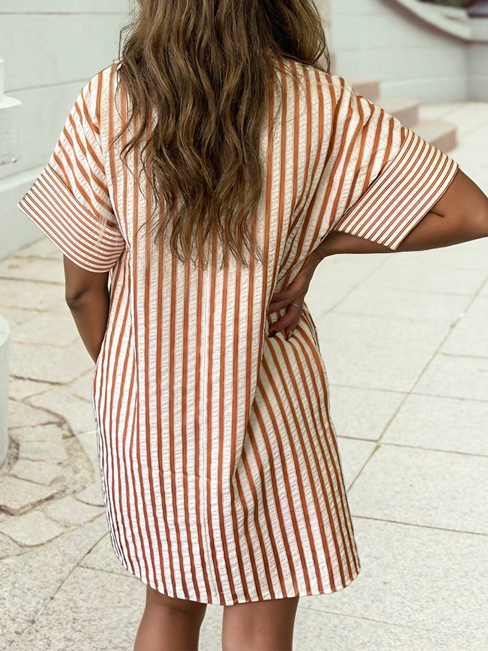 Pinched V Neck Turn-up Cuffs Mini Dress